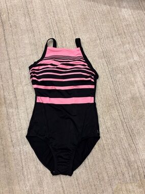Reebok Black and Pink Striped One-Piece Swimsuit